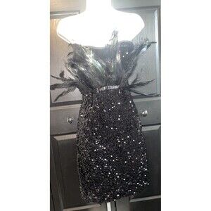 Black Sequin Feather Strapless Dress XXL 2X Cocktail Party